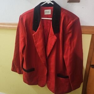 Red Velvet Blazer with Black Velvet Trim - Classic Women's Suit Jacket